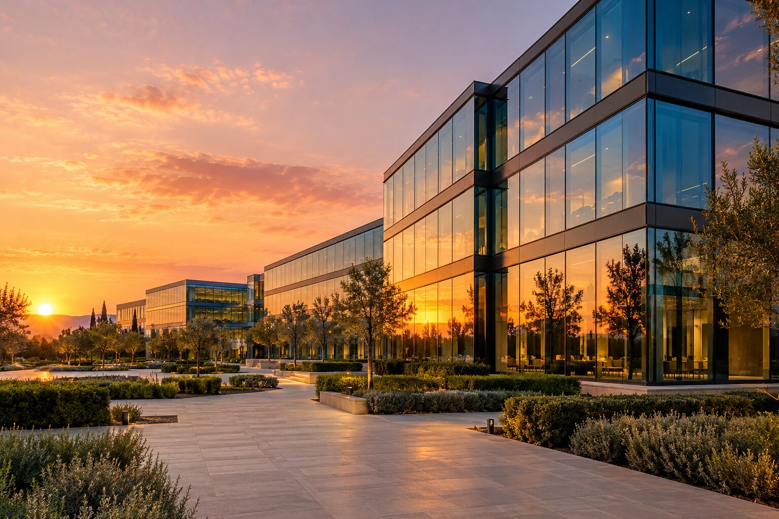 Edificio aziendale moderno nella luce del tramonto